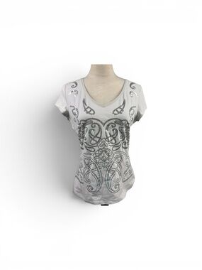 White House Black Market gray Scoop Neck Top with Silver Graphic size medium